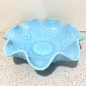 Fenton Blue Satin Bowl Custard Glass Ruffled Edge Cherry Chain Orange Tree Dish